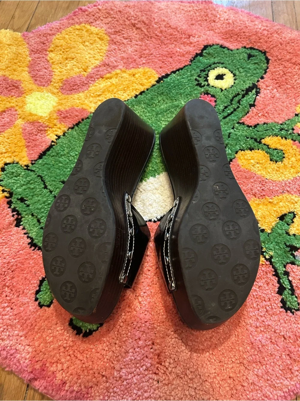 Tory Burch Black Logo Patent Slide Sandals